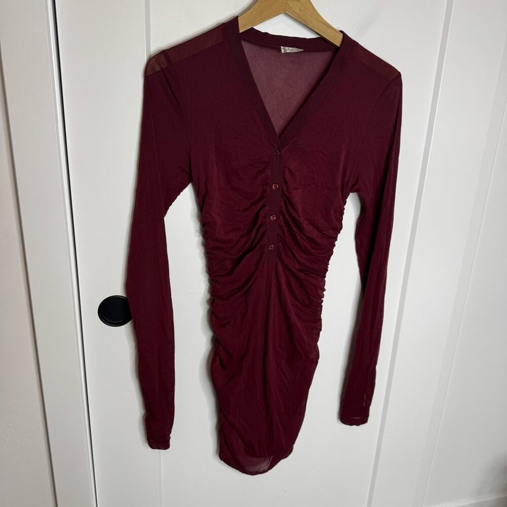 Intimately Free People Burgundy Mesh Button Front Long Sleeve Mini Dress Medium